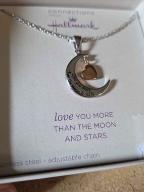 Hallmark Silver Crescent Moon Necklace with Rose Gold Heart Charm